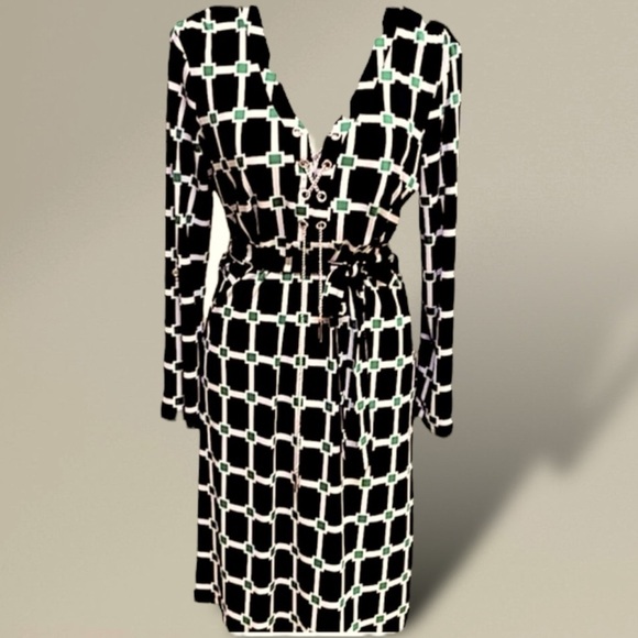 Jules & Leopold Black Green Geometric Belted Midi Dress Silver Chain Detail Sz S - Picture 14 of 14